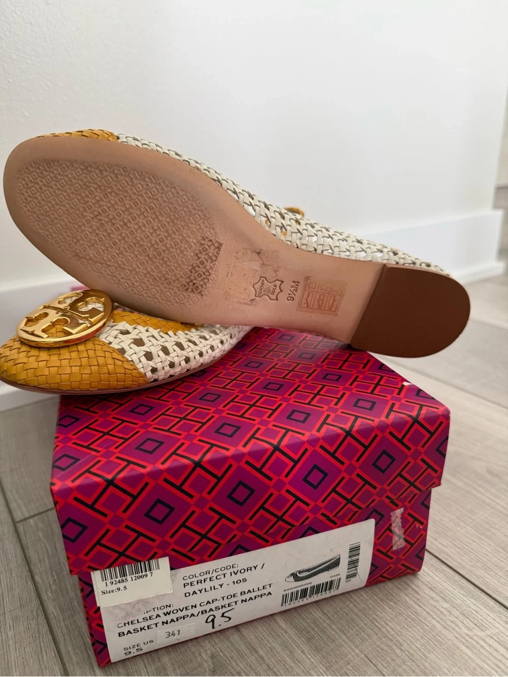 Tory Burch Woven Two-Tone Yellow & Cream Ballet Flats with Gold Logo